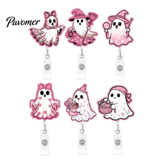 Playful Ghost Design ID Clip Halloween Badge Reel, Glitter Acrylic Retractable Holder Clip, Cute Pink Festive Pattern Name for Women Nurse Teacher