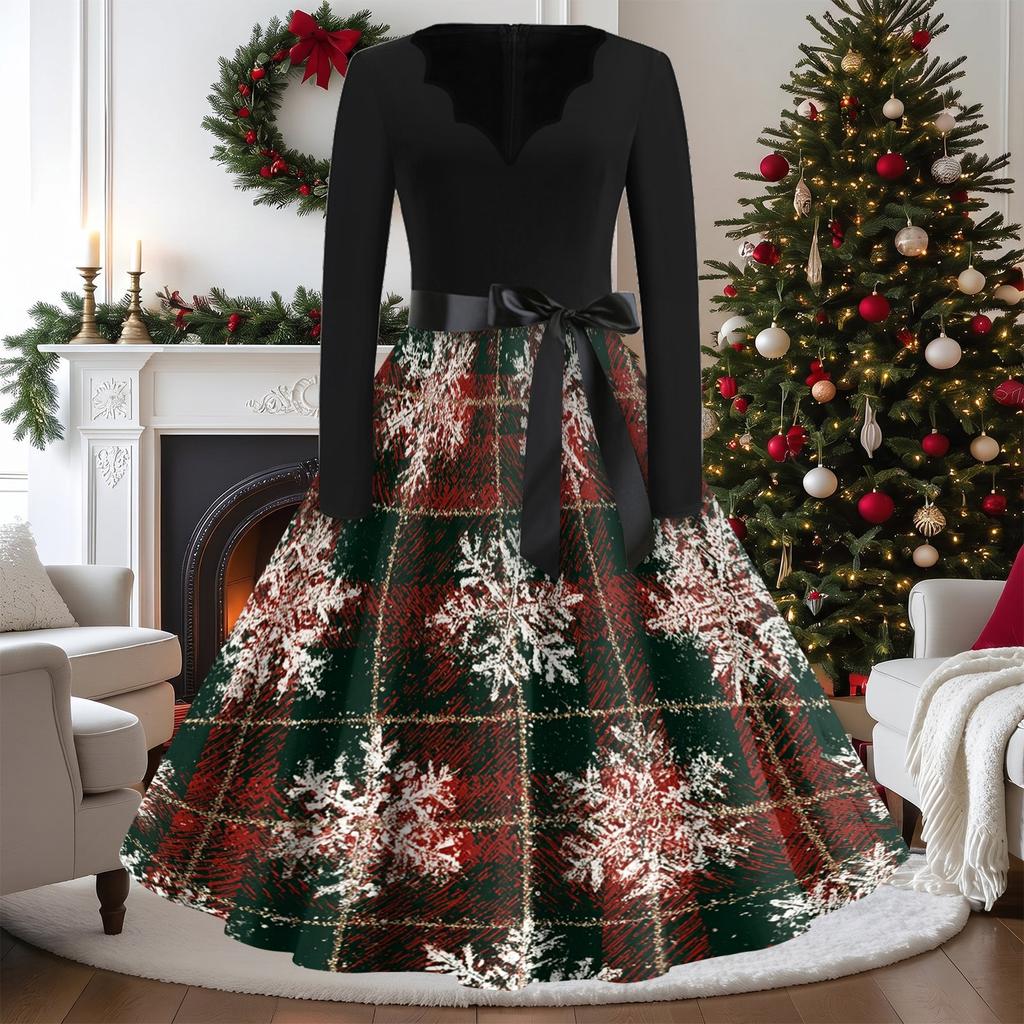 Women's Vintage V-Neck Long Sleeve Christmas Print Casual Dress