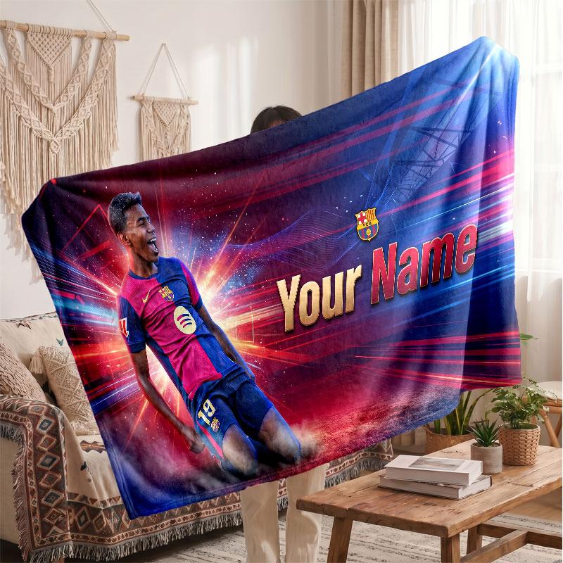 Couverture polaire personnalisée Lamine Yamal avec logo de football, texte de nom personnalisé, couverture d'appoint douce et chaude pour la maison
