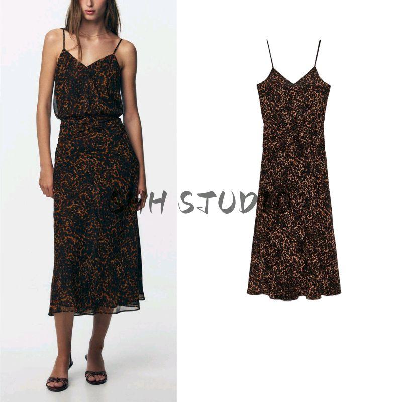 Fall New Women's Clothing French Style Ruched Decoration V Neck Sleeveless Animal Pattern Print Midi Skirt Dress 8790139