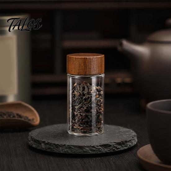 Talos Glass Mini Storage Jar, with Wood Lid, Moisture Proof Portable Small Container, for Coffee Beans Tea Sugar Spices Kitchen Organizer