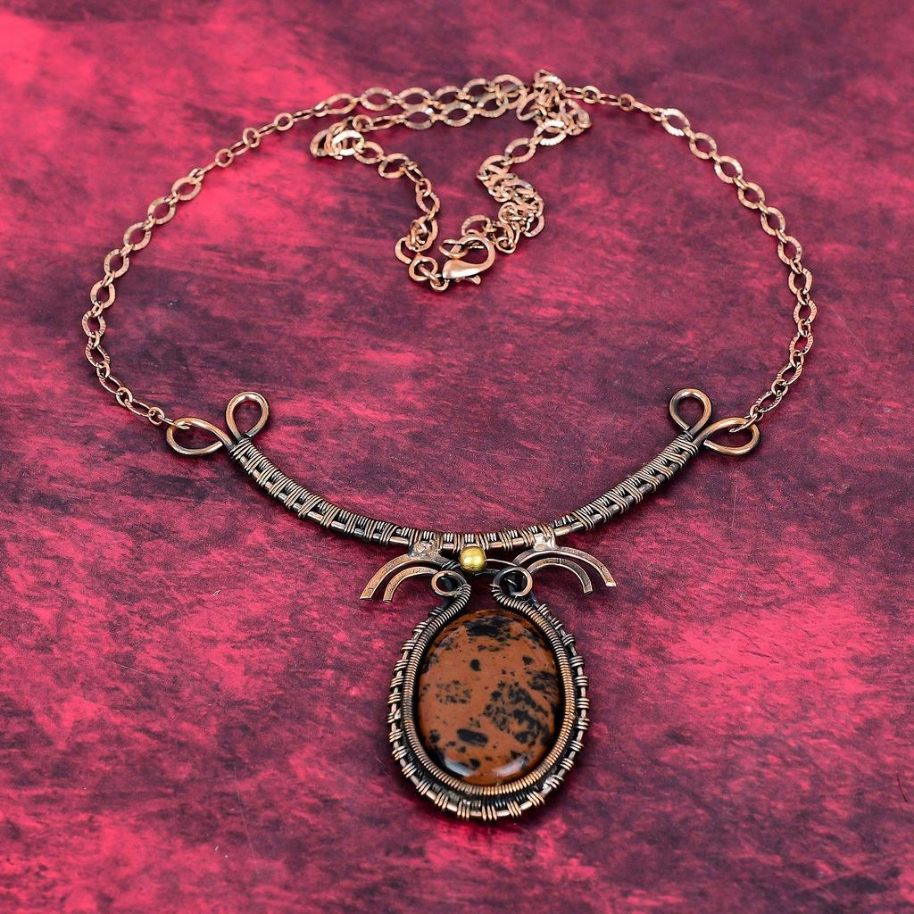 Mahogany obsidian necklace copper wire wrapped necklace gemstone jewelry adjustable chain necklace handmade copper jewelry engagement gifts