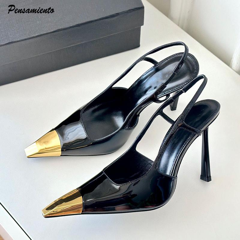 New Patchwork Gold Black Sandals Metal Square Toe Stiletto High Heels Slingback Sexy Spring Summer Women Pumps 2024 New Trend