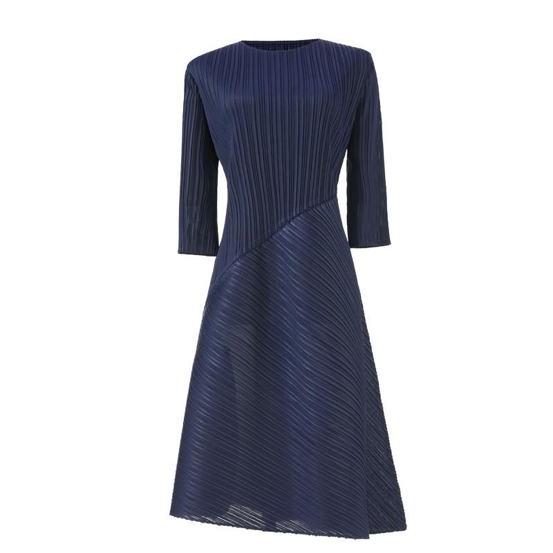 Womens Loose Fit Solid Color Round Neck 7/8 Sleeve Pleated Midi Dress Office Casual Wear
