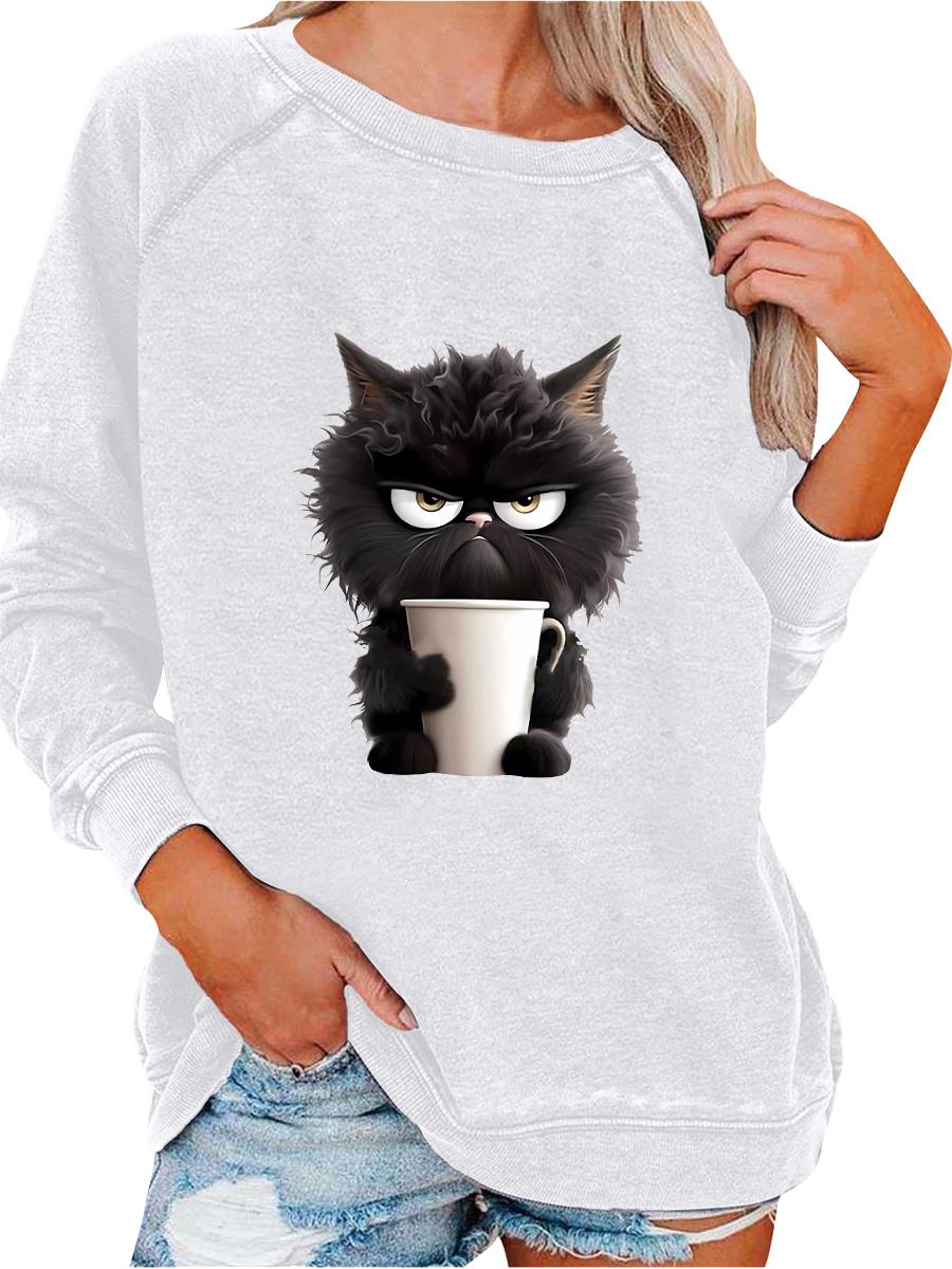 

Женский свитшот весна/осень, женский модный топ с принтом кошки, свитшот-пуловер оверсайз S белый