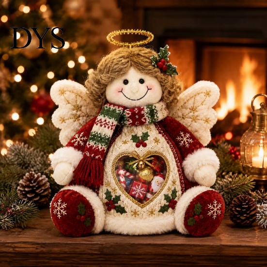 Soft Knitted Christmas Ornament Plush Snack Bag, Clear Heart Window Storage Doll with Back Zipper, Holiday Candy Cookie Gift Home Decor Holder,
