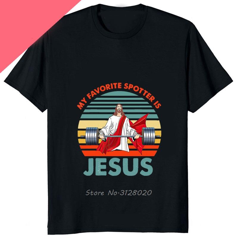 Lustiges Jesus Ist Mein Spotter Aufgedrucktes Grafik-Baumwoll-Herren-T-Shirt Humor Gewichtheben GYM T-Shirt Lässige Mode Streetwear Herren-T-Shirts