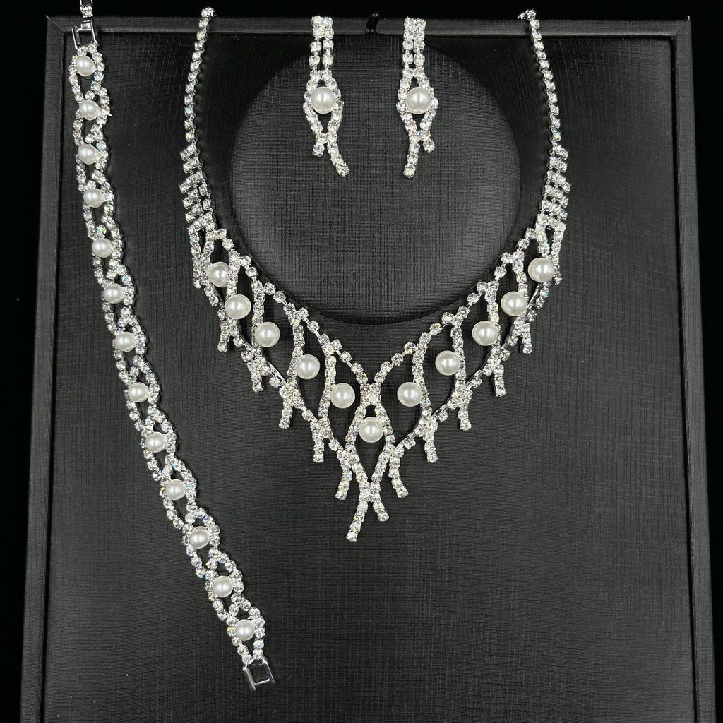 Jewelry Set Women, Rhinestones Bridal Neck Chain Crown Bracelet Bracelet Teardrop Pendant Earrings, Pearl Wedding Party