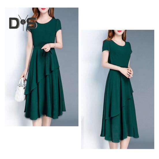 Lady Summer Dress A-line Patchwork Midi Dress O Neck Short Sleeves Lace-up Waist Solid Color Dress for Dating Parties Commuting