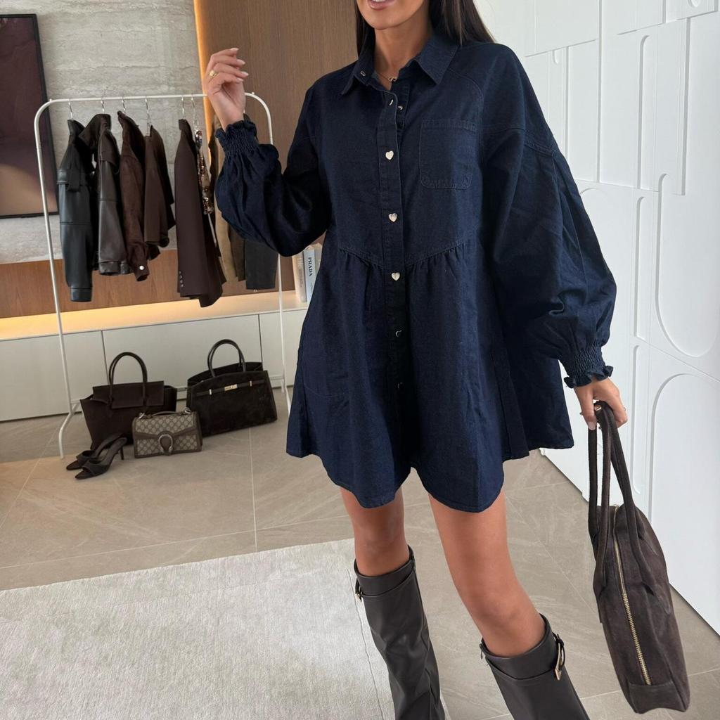 European & American Women's Fashion Casual Long Sleeve Denim Shirt Dress 2025