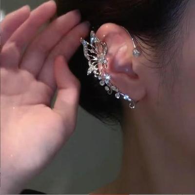 Ohrmanschette im koreanischen Stil, ausgehöhlt, glänzend, ohne Piercing, Temperament, Schmetterling, Elfe, eingelegter Strass