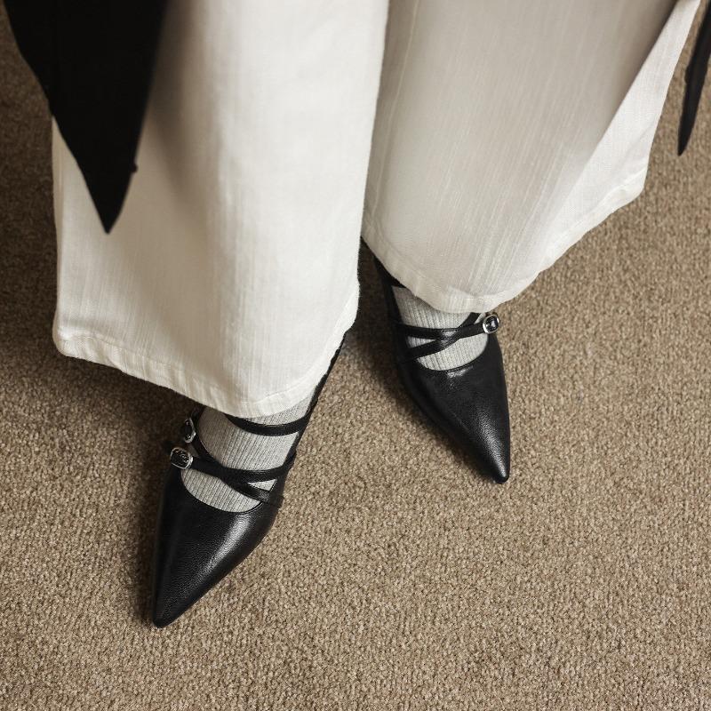 Vintage Pointed Toe Cross Buckle Women Mary Jane Shoes Fashion Shallow Shoes 2026 Spring Autumn Stripper Party Pumps Shoes
