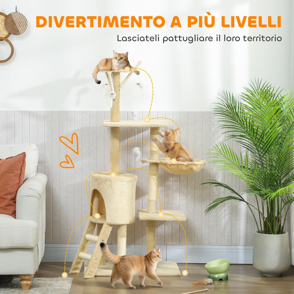 Cat Tower with House, Perch, Platforms and 4 Hanging Mice, 60x35x134 cm, Beige
