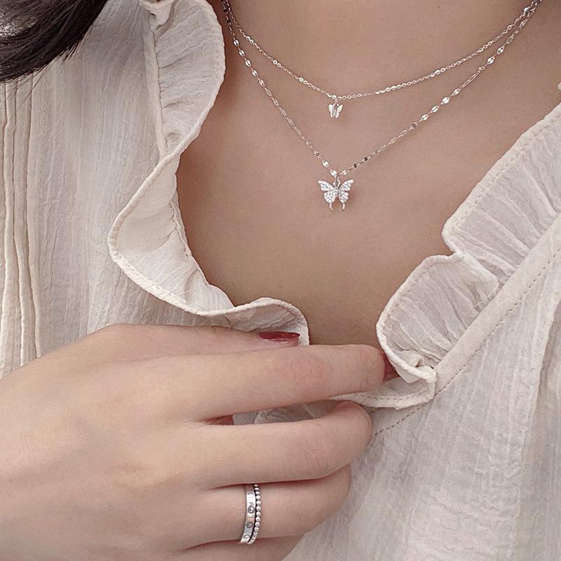 925 Sterling Silver Flash Diamond Butterfly Double Necklace for Women Simple Design Crystal Elegant Wedding Jewelry Gifts