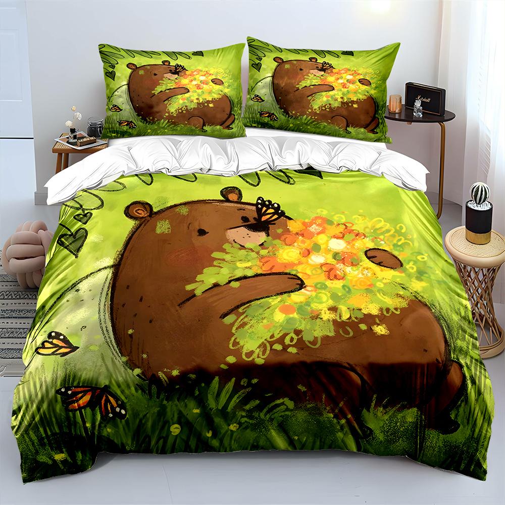 Bear Hugging Flowers With Butterflies Bedding Set For Kids Luxury Gift 3Pcs Digital Print Comforter Set Soft Comfortable