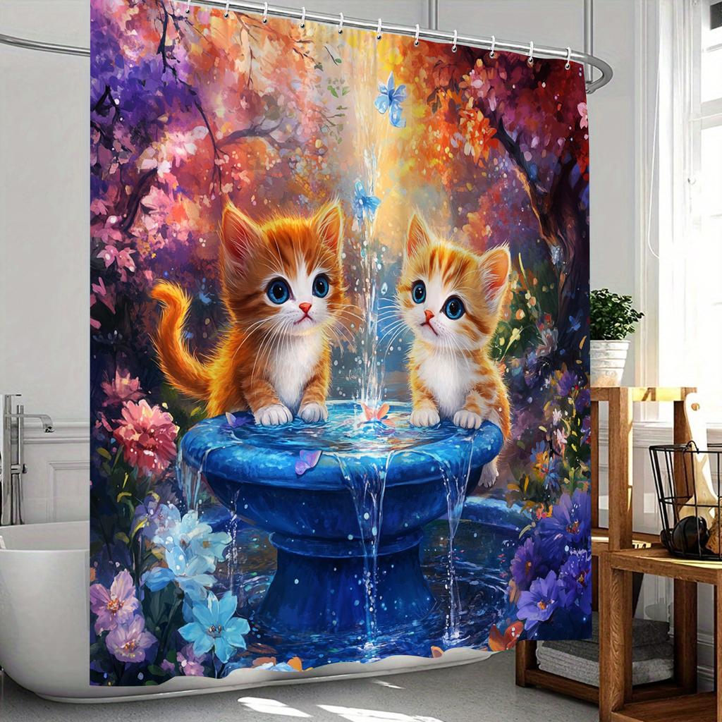 1pcs Cartoon Curious Cat Digital Print Shower Curtain, Cute Kitten Pattern, Vibrant Garden Scene, Suitable for All Seasons