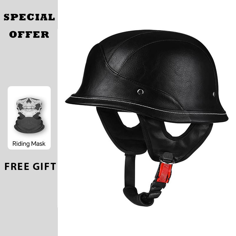 Leather Half Helmet Vintage Open Face Motorcycle Helmets Retro German Low Profile Half Helmet DOT Certified 1/2 Half Helm