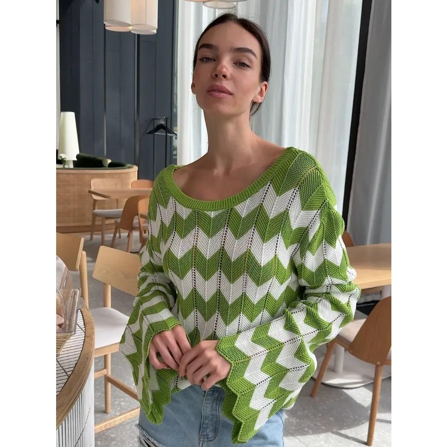 Back Hollow Women's Crew Neck Long Sleeve Knitted Sweater Autumn and Winter