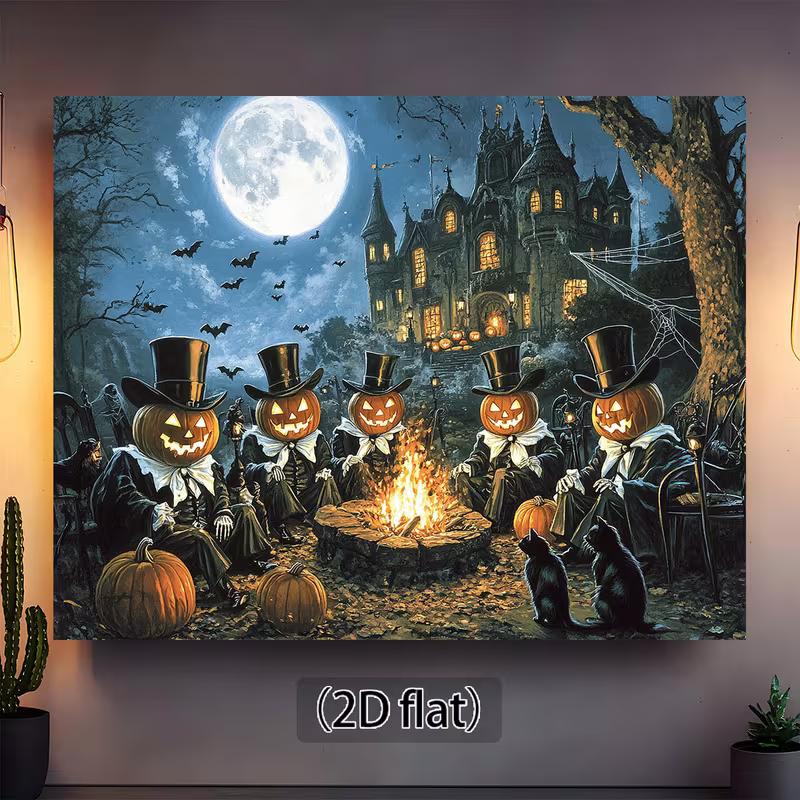 2D Halloween Themed Backdrop, Pumpkin Head Gentlemen Haunted Mansion Party Decor