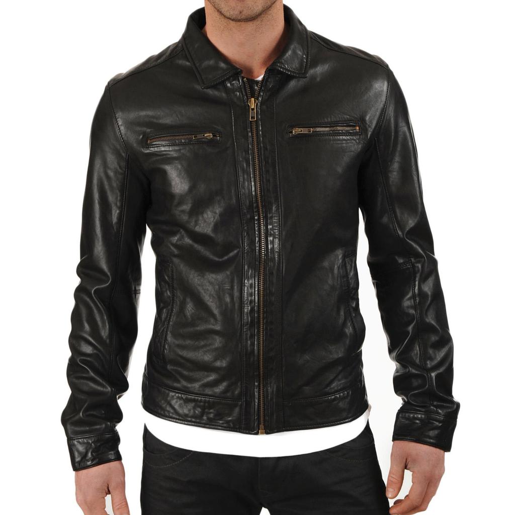 SkinOutfit Men's Genuine Lambskin Black Leather Jacket Stylish Motorcycle Bomber Biker Outerwear MJ 11
