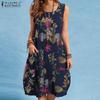 Robe d'été midi florale sans manches pour femme 2026 Robe d'été décontractée ample en coton et lin style Bohème Grande Taille Robe de Vacances à la Plage