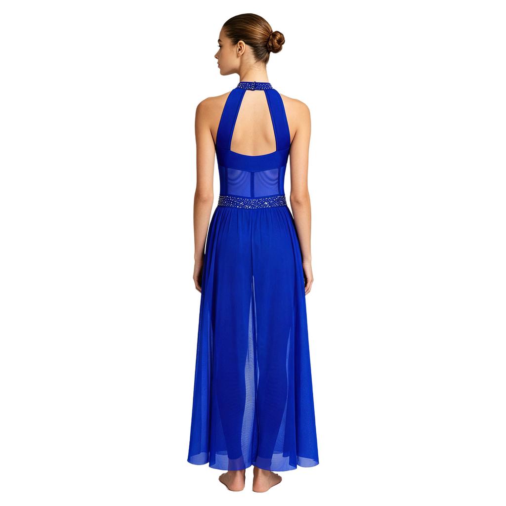 Women Lyrical Dance Unitard Glitter Rhinestone Halter Backless Sheer Waist Tight Pants Mesh Layer Jumpsuit Flowing Dancewear for Stage Performance