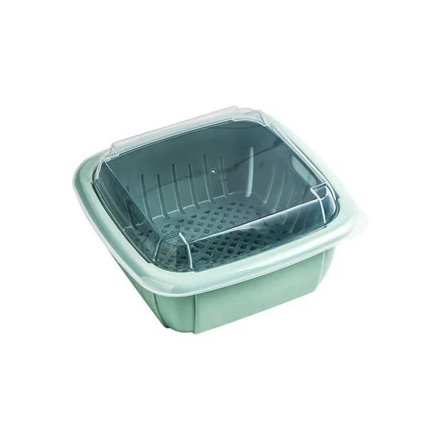 Double-Layer Drain Basket Lid Refrigerator Crisper Multifunctional Square Large Size Washing Vegetable Basket Kitchen Organizer
