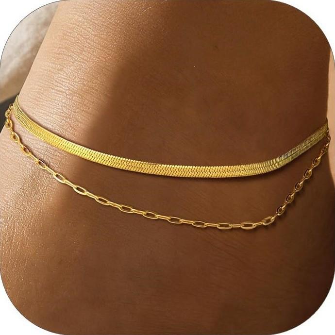 European-American Layered Embossed Round Pendant Anklet - Women's Double-Layer Beaded Chain Foot Jewelry for Summer Beach.