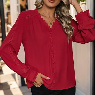 Women's Fashion Casual Spring Fall Solid Color Print Long Sleeve V-Neck Blouses & Shirts