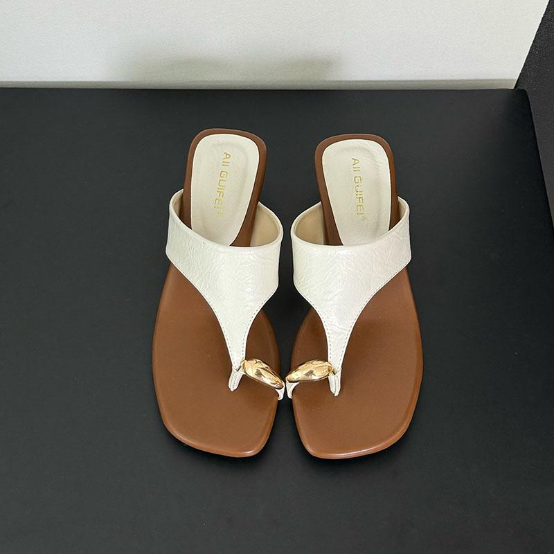 

Fashion Fashion Metal Women Heels Slippers Sandals Shoes Female Flip flops Footwear Square Toe Ladies Heeled Slippers Slides Shoes 35 бежевый