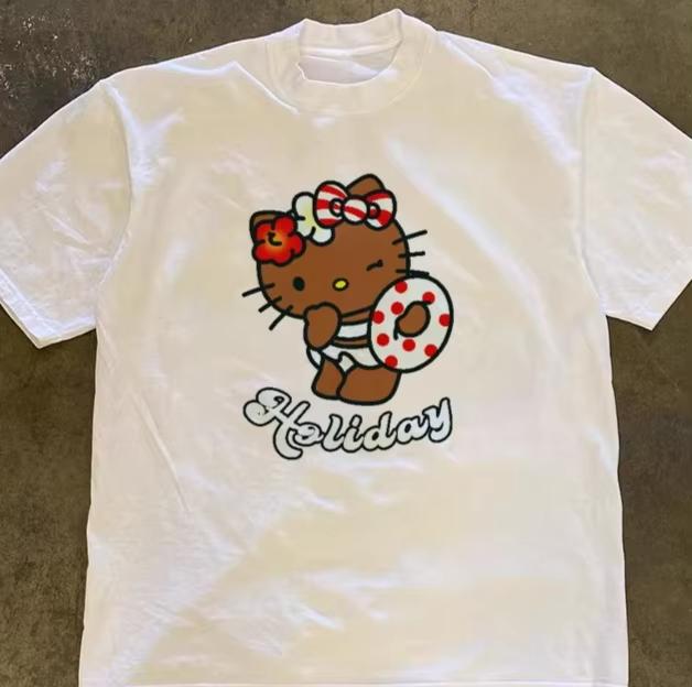 

2026 HelloKitty Sanrio Printed Cotton TShirt Summer Cartoon Design Childrens Roundneck Fashion LooseFitting Casual Wear S
