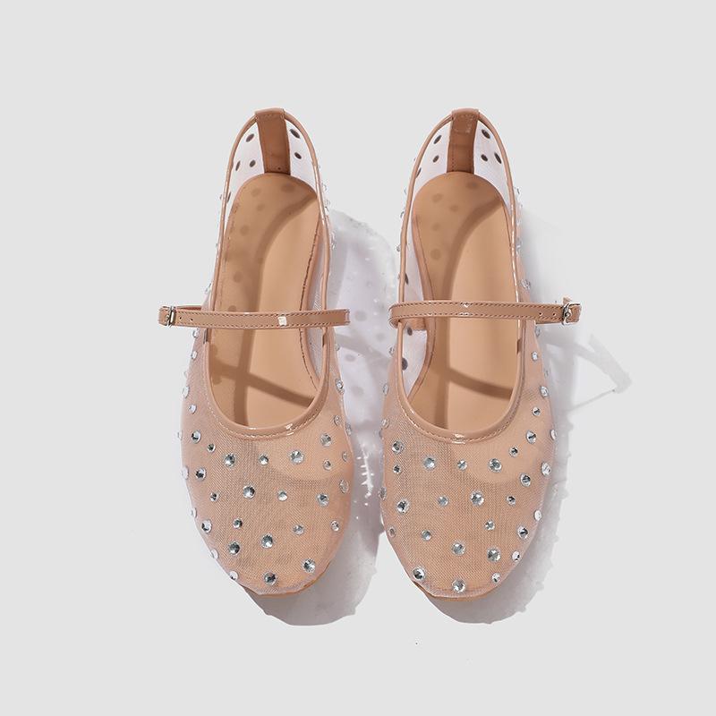 

Жіночі туфлі Мері Джейн з сітки та стразами Літні прозорі Елегантні на низькому підборі Жіноче взуття Круглий носок Дихаючі лофери 41 тілесний