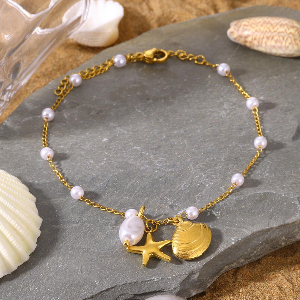 20+5cm Anklets for Women Stainless Steel Shell Starfish Imitation Pearl Leg Bracelets Gold Color Beach Summer Bodychain Jewelry