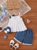 Fashion Big Bow Decor Ruffle Cami Top Denim Lace Trim+Shorts for 0-3Y Baby Girl 2Pcs Outfit Summer Sleeveless Infant Casual Clothes Set