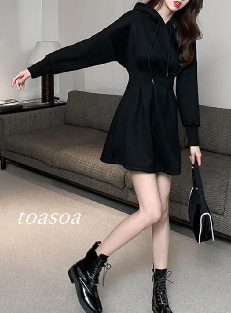 Long Sleeve Mini Dress with Flared Waist 01 [toasoa] Women's (Size - M, Black)
