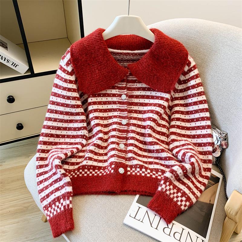 Women's Coat Lapel Striped Knitted Cardigan New Retro Versatile Top Soft Waxy Sweater Women