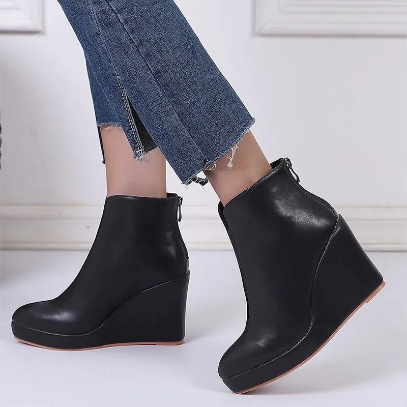2025 Autumn-early Winter Shoes, Women's Platform Ankle Boots, Modern Women's Wedge Shoes 10 Cm, Pure Black, White, Plus Size 42