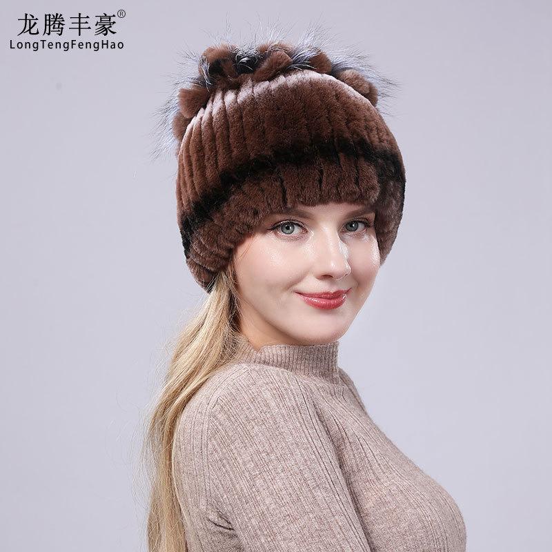 New Rex Rabbit Hair Hat Women's Winter Thickened Warm Fashion Versatile Elastic Fur Woven Hand-sewn Knitted Hat