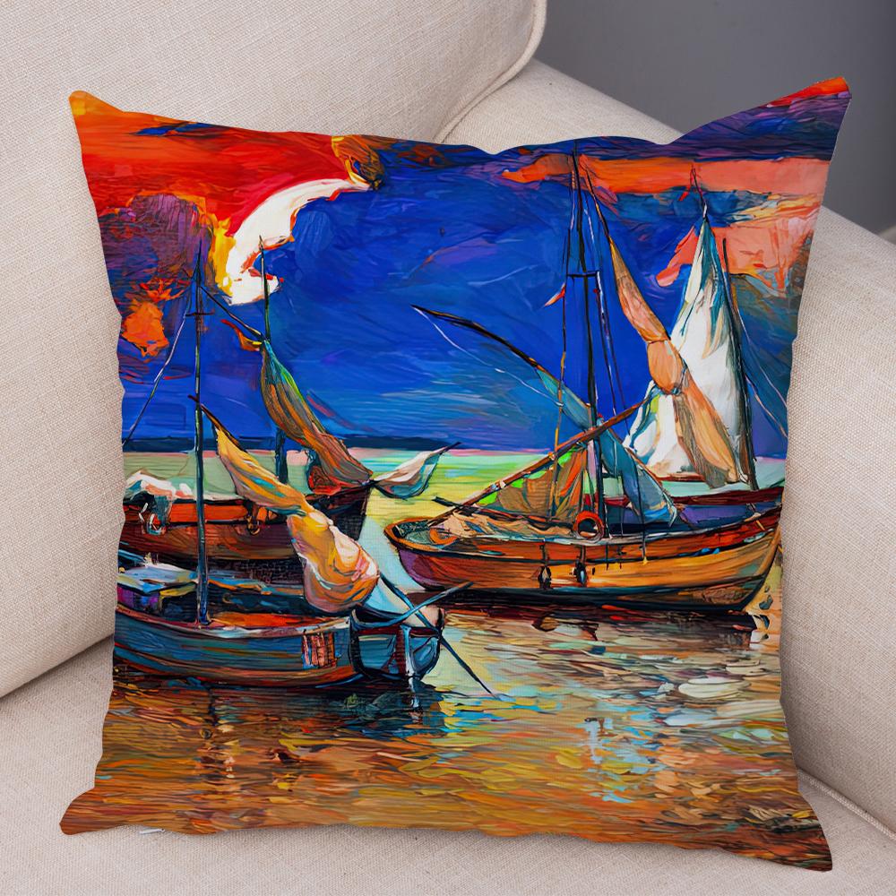 Federa Cuscino Stile Pittura ad Olio Paesaggio Colorato Barca Cavallo Stampa Floreale Lino Morbido Soggiorno Camera da Letto Casa Federa
