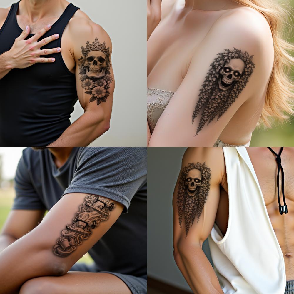 3pcs Temporary Tattoo Smoking Pipes And Skull Black And Grey Realism Skull With Ivy Dragon And Skates For Men Thighs Arms