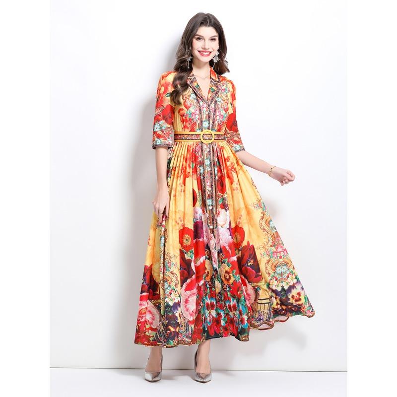 

Летние женские винтажные принты шифон однобортная рубашка с отложным воротником длинные макси праздничные пляжные платья с поясом S жёлтый
