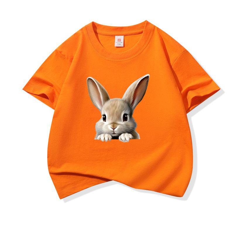 Kids Cotton T Shirt Cute Peeking Rabbit Print Crew Neck Short Sleeve Tee Casual Breathable Boys Girls Summer Tops