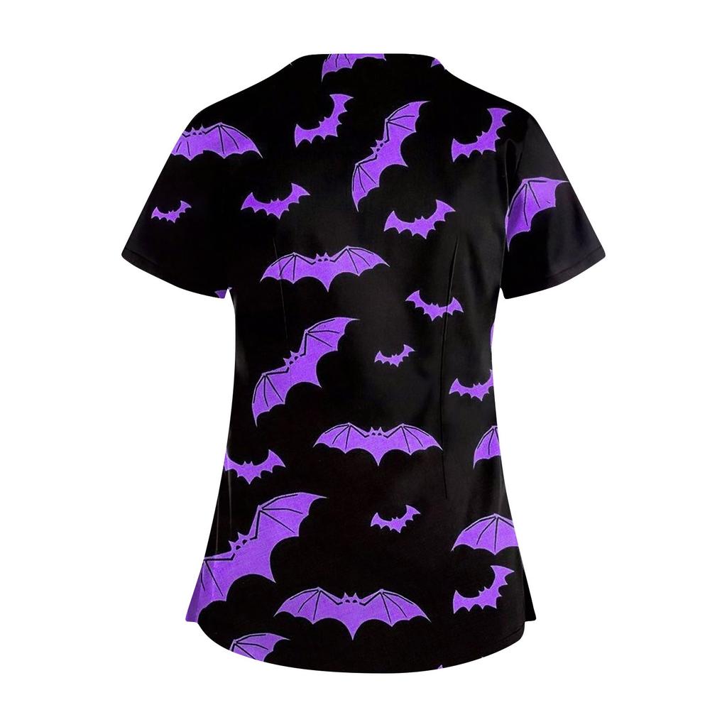 Women's Halloween Print V Neck Scrub Top with Pockets Short Sleeve Medical Uniform Shirt for Healthcare Professionals Nursing Staff