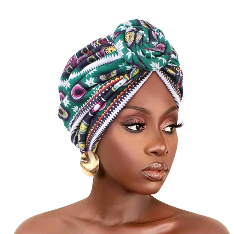 

Новый тюрбан с плиссировкой из африканского принта, цветочная шапочка-бини, предварительно завязанный узел спереди, эластичная повязка на голову, элегантная женская шапочка для химиотерапии, бандана, головной убор One Size