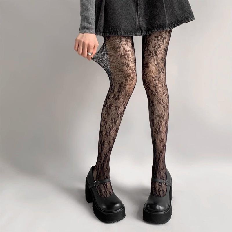 Retro Floral Lace Diamond Pattern Hollow-Out Vertical Stripe Stockings - Anti-Snag, Summer-Thin for Women