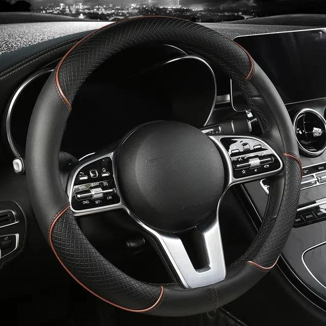 Full Leather Stitching Line Car Steering Wheel Cover, Three-dimensional Anti Slip, Timple and Fashionable.Four Season Universal