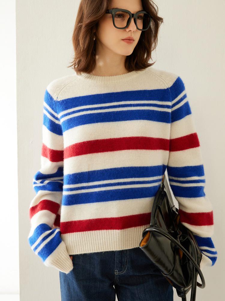 Women's Stylish Wool Knit Striped Sweater: Autumn/Winter Loose Casual Pullover, Elegant Base Layer.