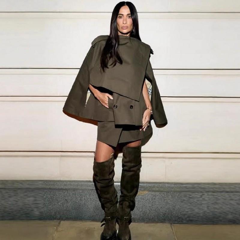 Womens Fall Vintage Short Cape Trench Coat Single-breasted Solid Color Stand Collar Casual Outerwear