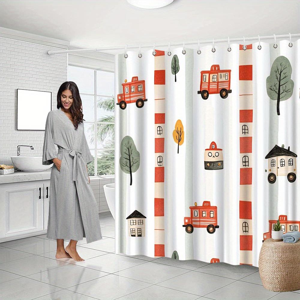 Whimsical Fire Truck Shower Curtain, Red & Green Stripes with Cartoon Trucks & Trees, Fade-Resistant Polyester, Fun Bath Decor