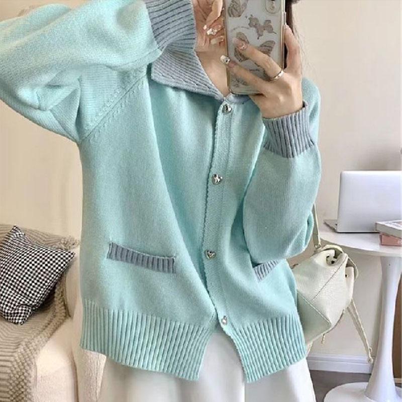 Cardigan Høst/Vinter Løs Polo Krage Liten Duftende Myk Glutinous Genser Strikket Cardigan Dame Design Sense Genser Topp